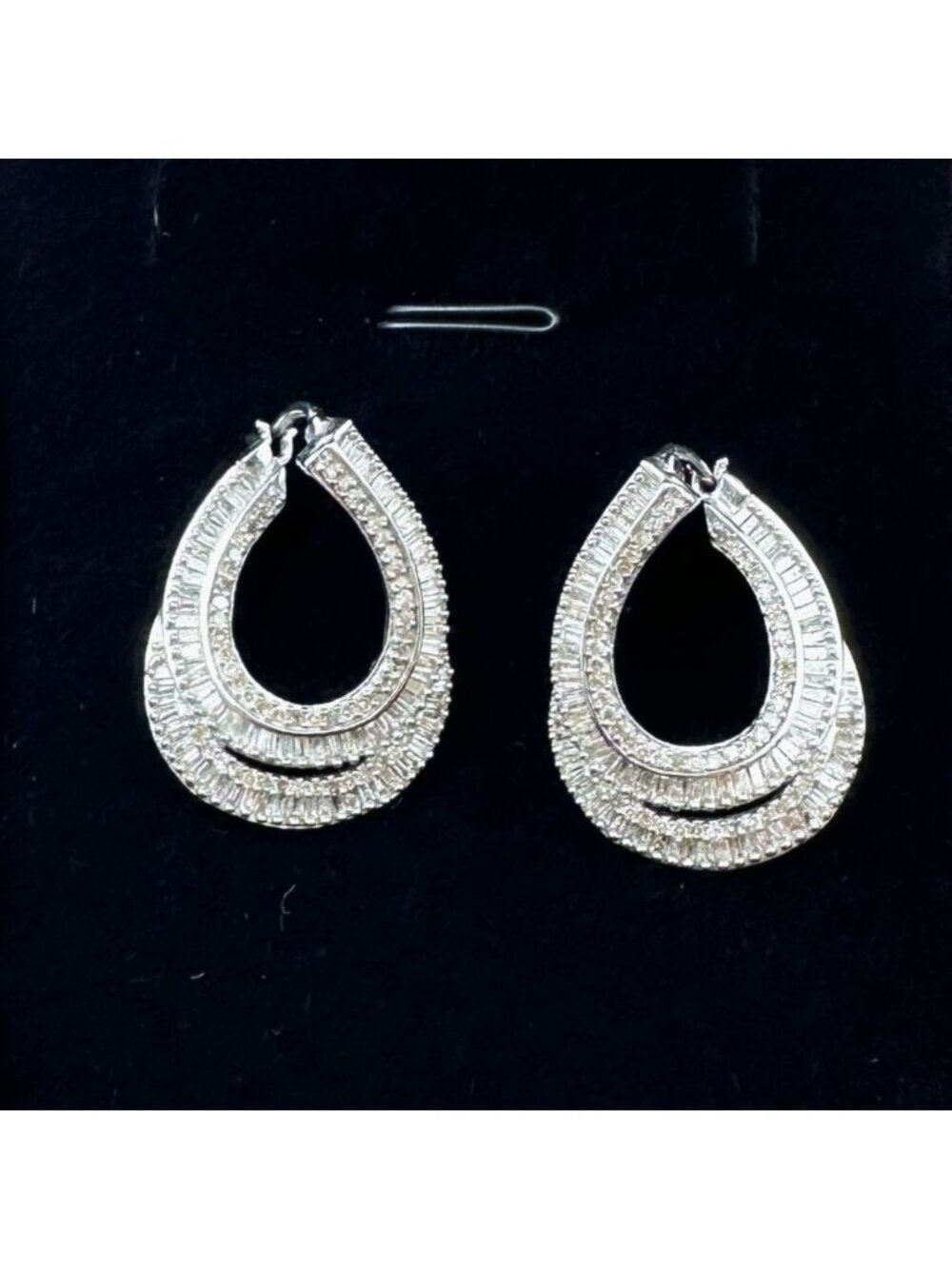 Baguette Diamond Sterling Silver Pierced Earrings 1 Inch Elongated Hoops